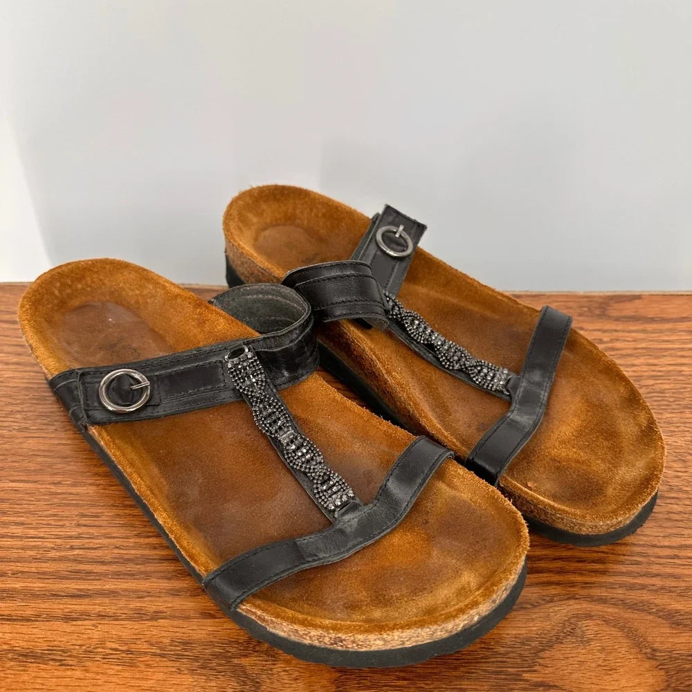 Naot Malibu Sandals Women 38 Rhinestone T-Strap Hook Loop Black Leather Modern